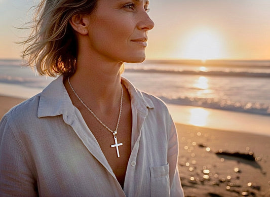 Solid hammered sterling silver cross necklace
