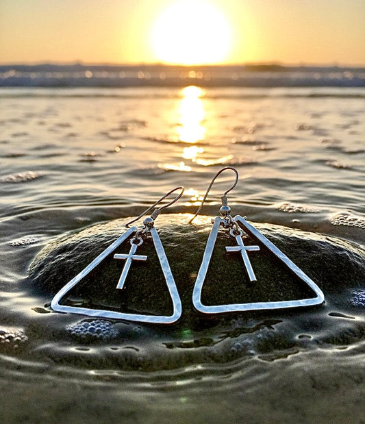 Handmade Silver Triangle Cross Earrings