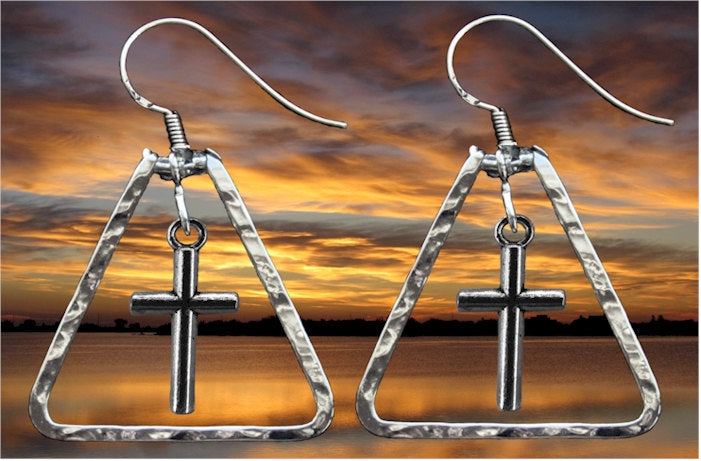 Handmade Silver Triangle Cross Earrings