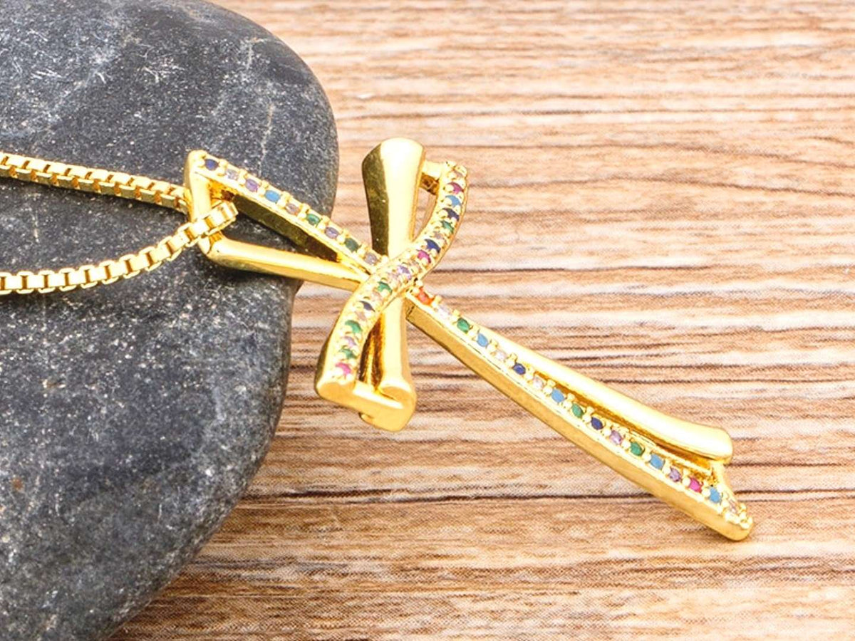 Infinity Swirl Cross Necklace Inset Rhinestones
