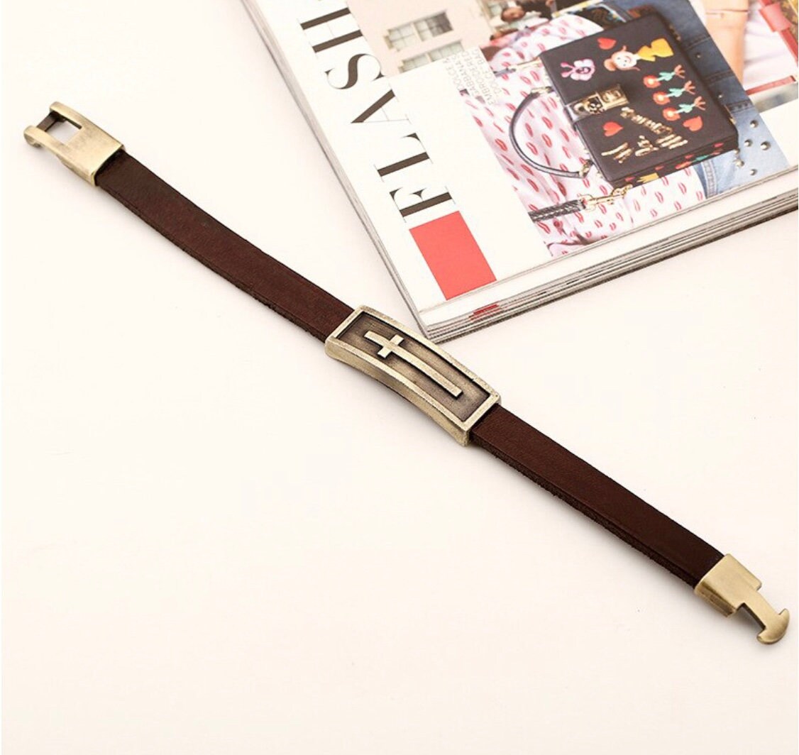 Brass Leather Cross Bracelet