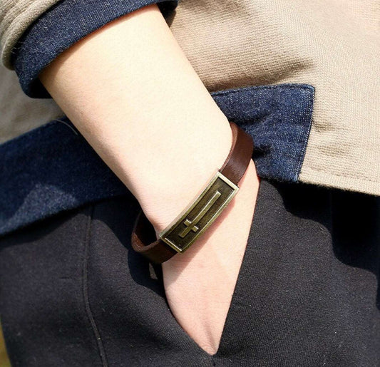 Brass Leather Cross Bracelet