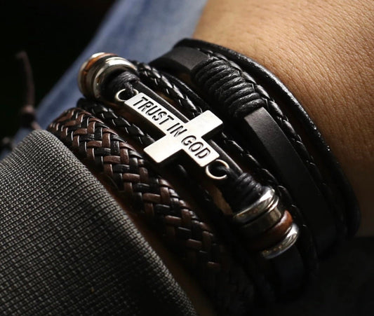 Trust In God Bracelet Leather 3 Wrap Cross Bangle