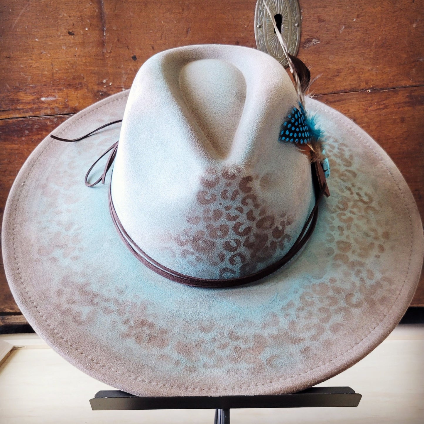 Hand-Painted Leopard Boho Western Cowgirl Hat & Band Turq Brown 987c