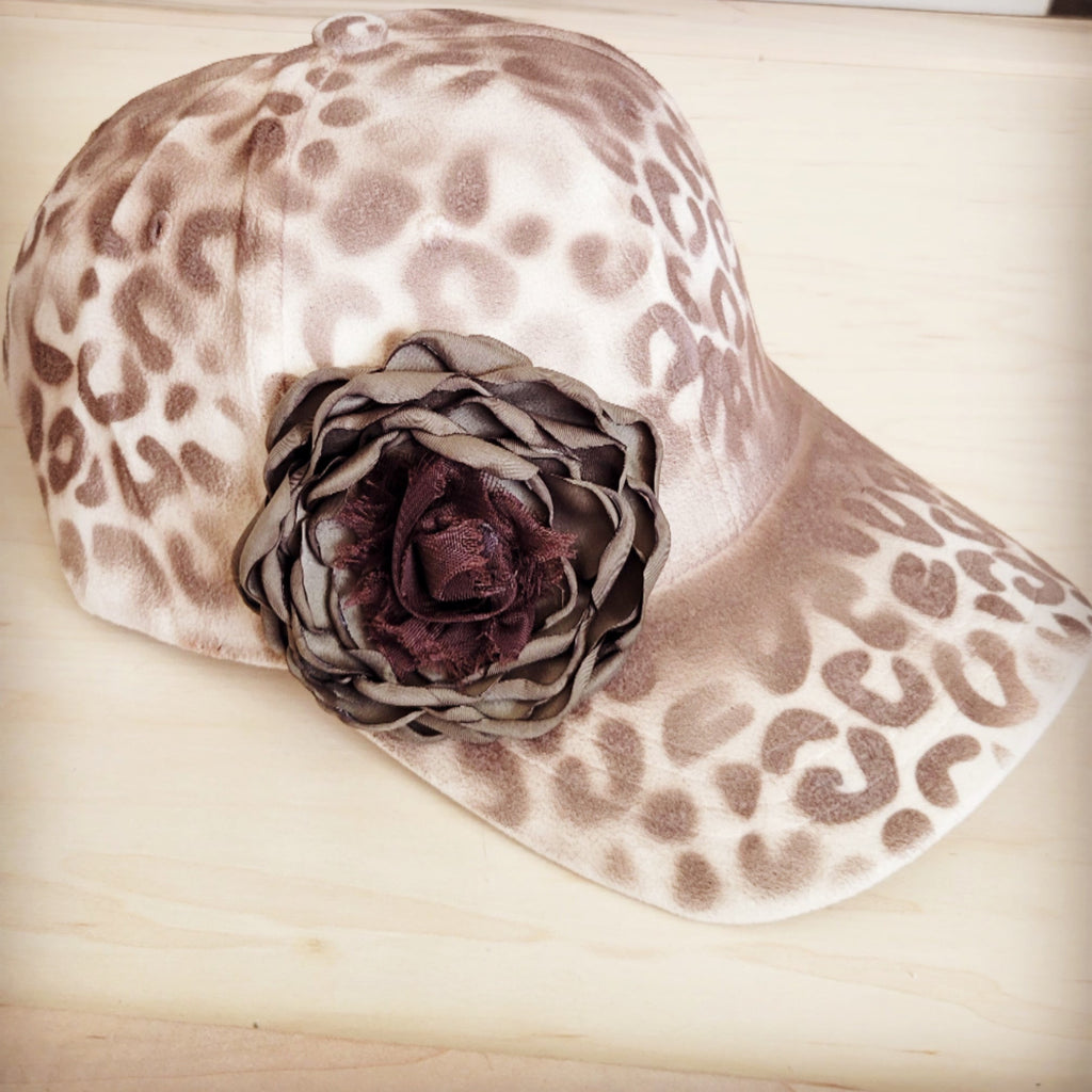Hand-Painted Leopard Suede Baseball Cap Ivory w/ Flowers 986v