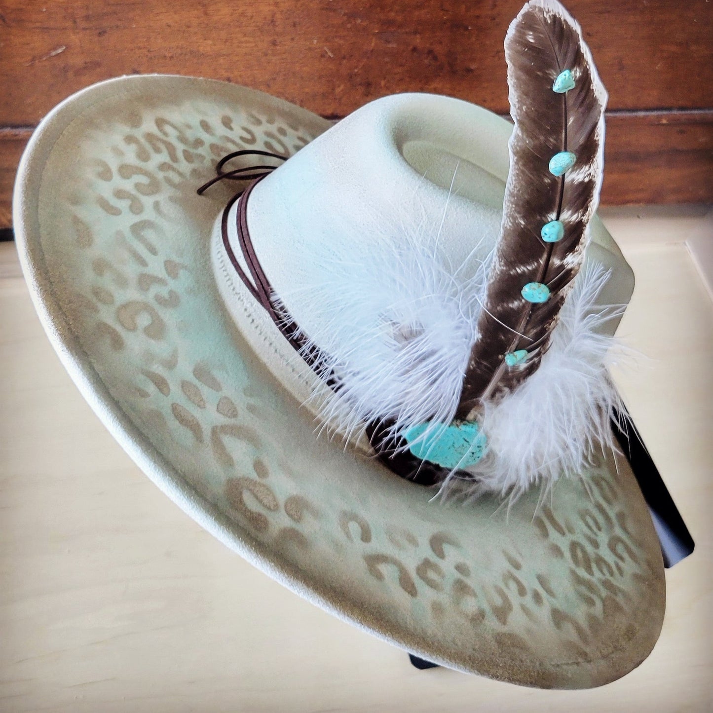 Hand-Painted Leopard Boho Western Cowgirl Hat & Band Mint 987d