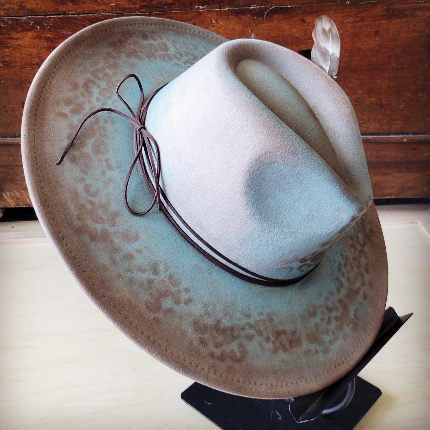 Hand-Painted Leopard Boho Western Cowgirl Hat & Band Turq Brown 987c