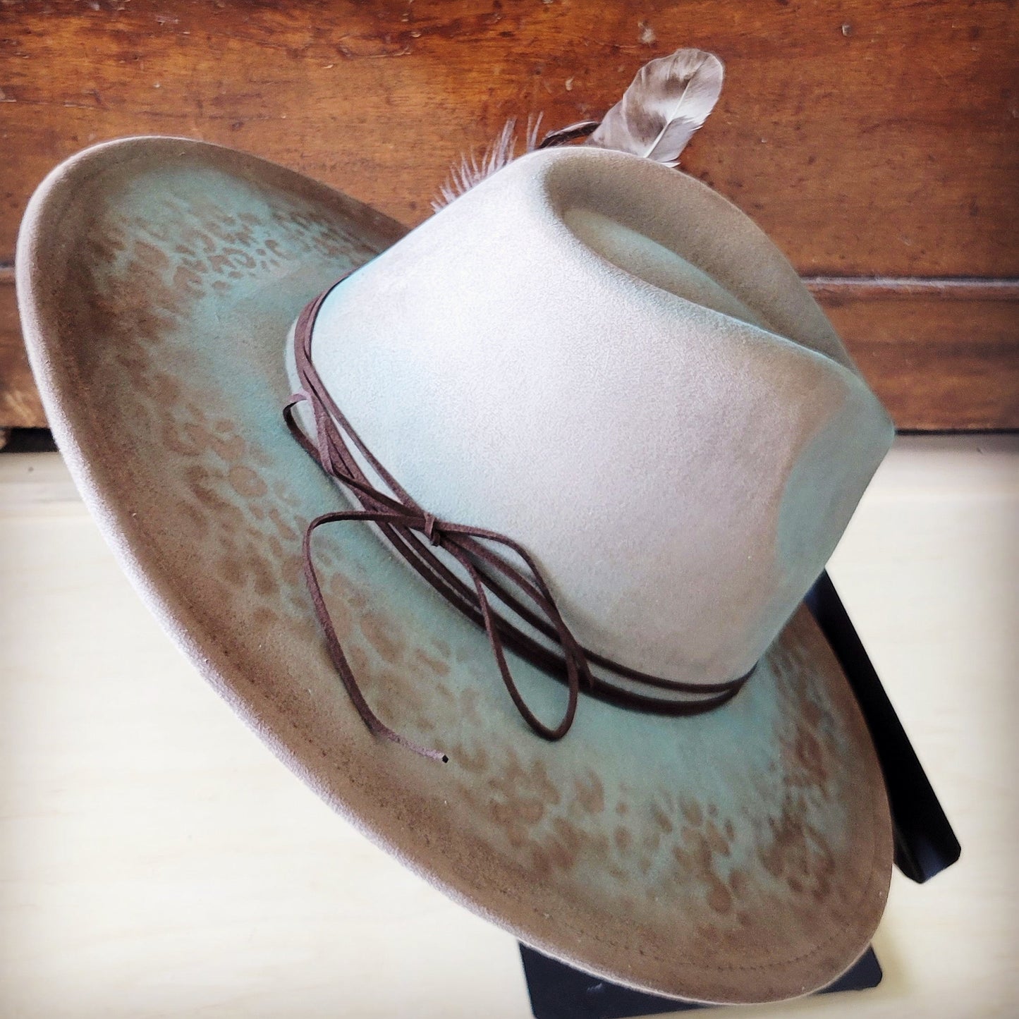 Hand-Painted Leopard Boho Western Cowgirl Hat & Band Turq Brown 987c