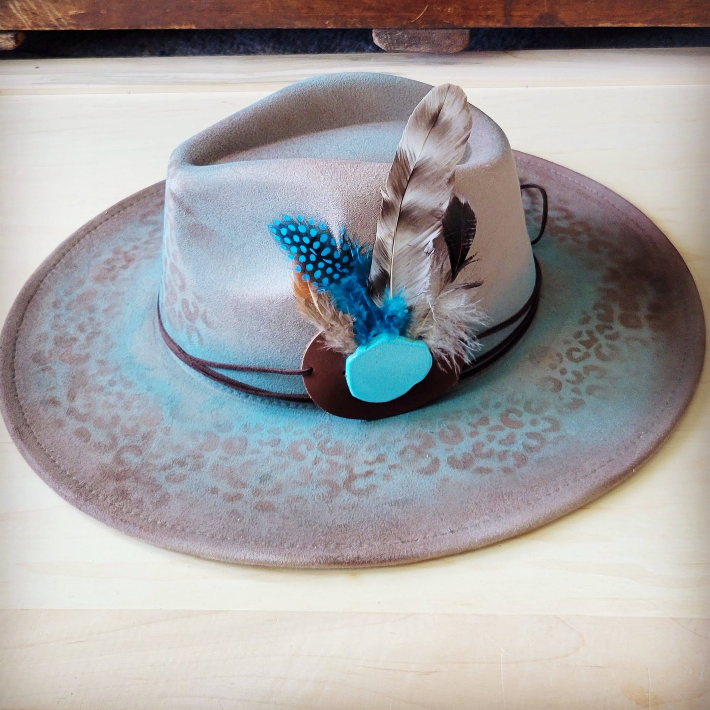 Hand-Painted Leopard Boho Western Cowgirl Hat & Band Turq Brown 987c