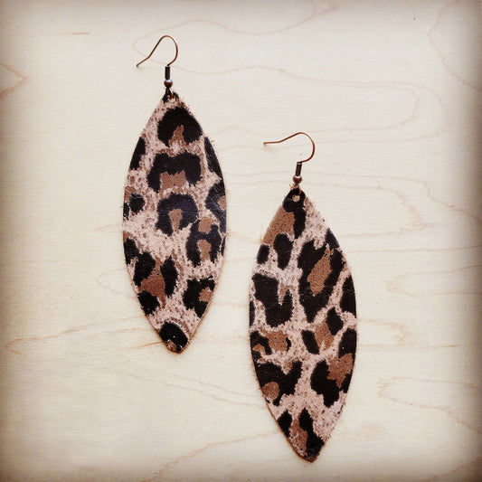 Narrow Leather Oval Earrings-Suede Leopard