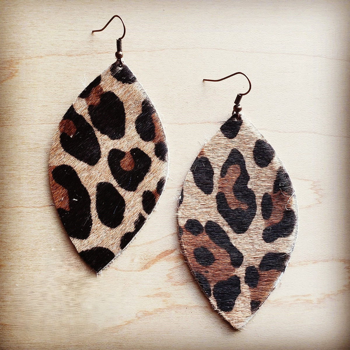Leather Oval Earrings in Leopard Print Hair on Hide