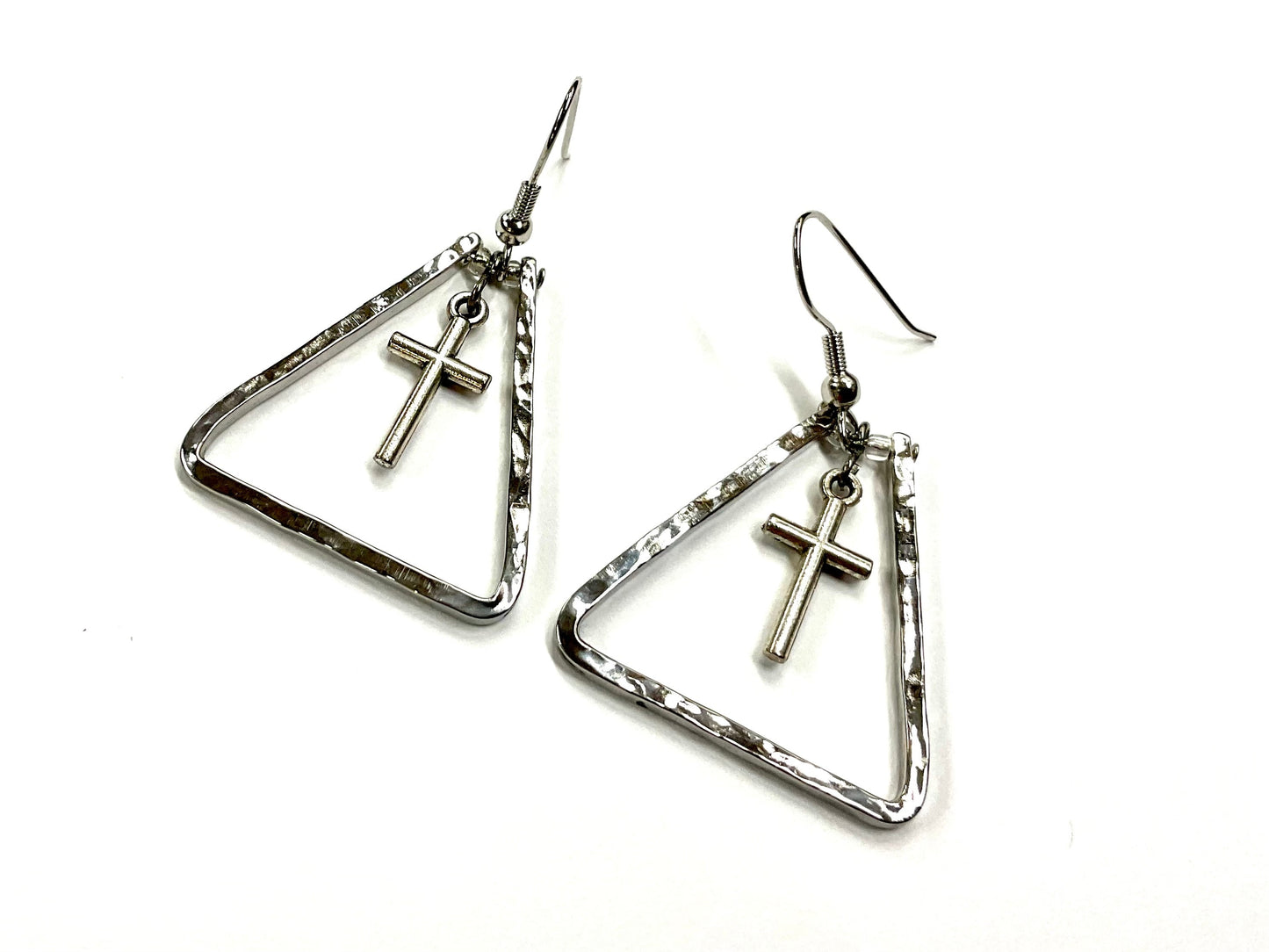 Handmade Silver Triangle Cross Earrings