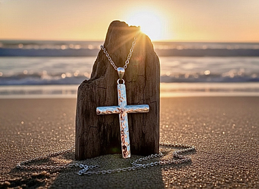 Solid hammered sterling silver cross necklace