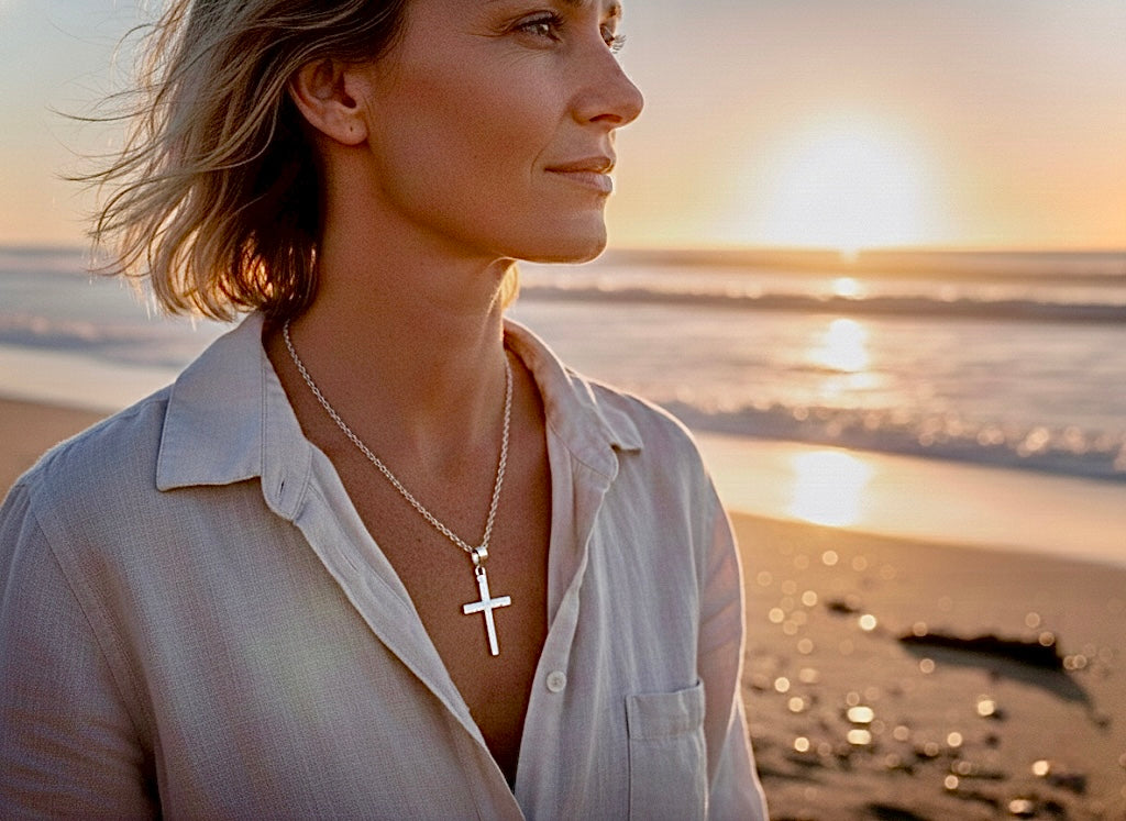 Solid hammered sterling silver cross necklace