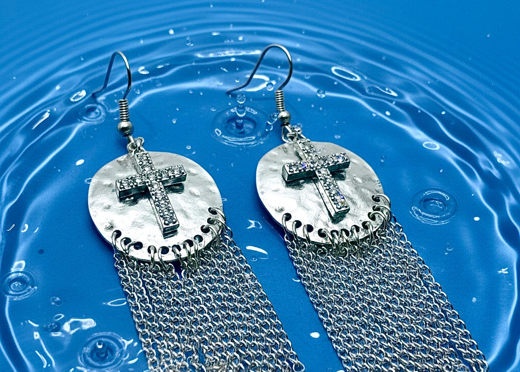Silver or Gold Hammered Cross Earrings