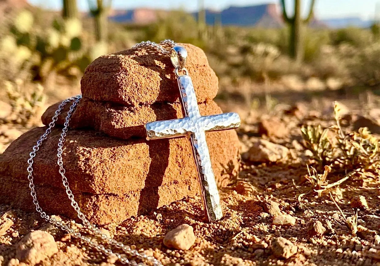 Solid hammered sterling silver cross necklace