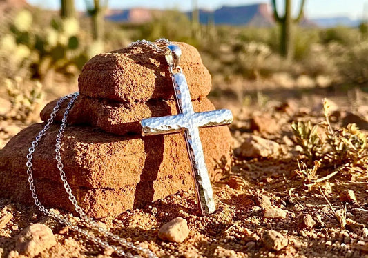 Solid hammered sterling silver cross necklace