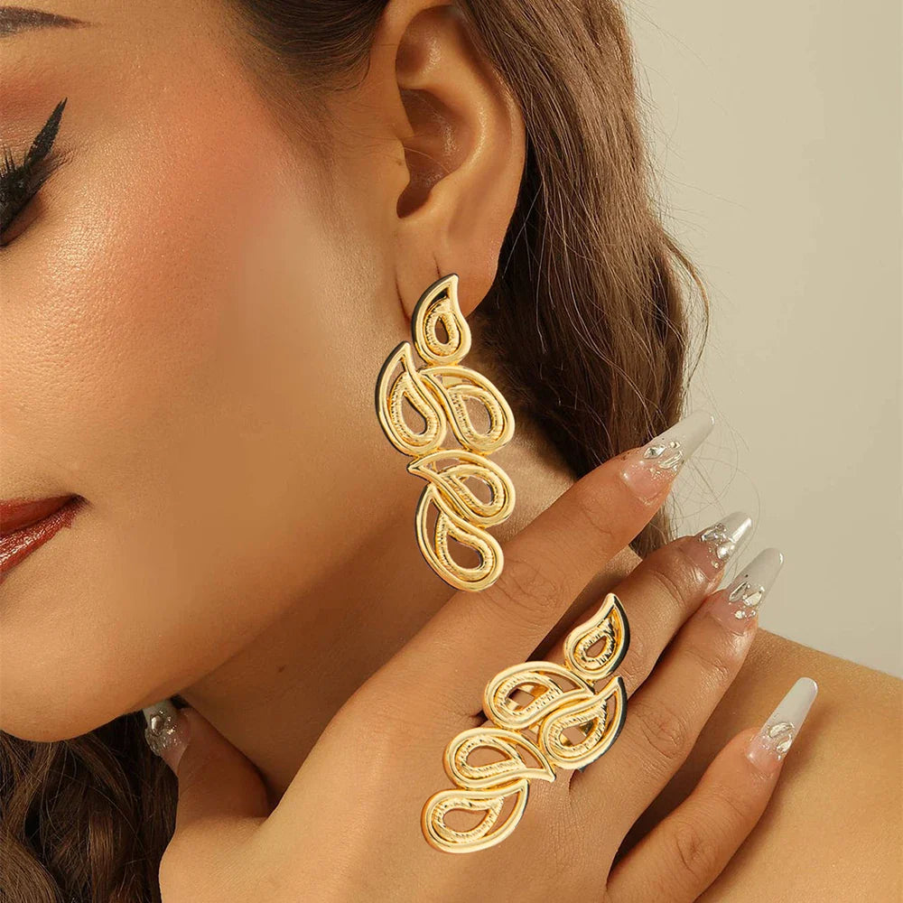 18k Gold Color Earrings with Ring Conversation Set