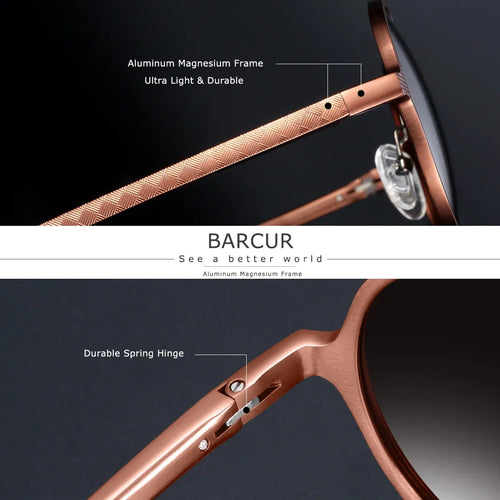 BARCUR Retro Round Trendy Polarized Sunglasses for Women – Vintage Fashionable Aluminum Magnesium Alloy Frame with UV400 Protection – Punk-Inspired Fashion Circular Sunglasses for Travel Business & Outdoor Style with Premium Gift Box