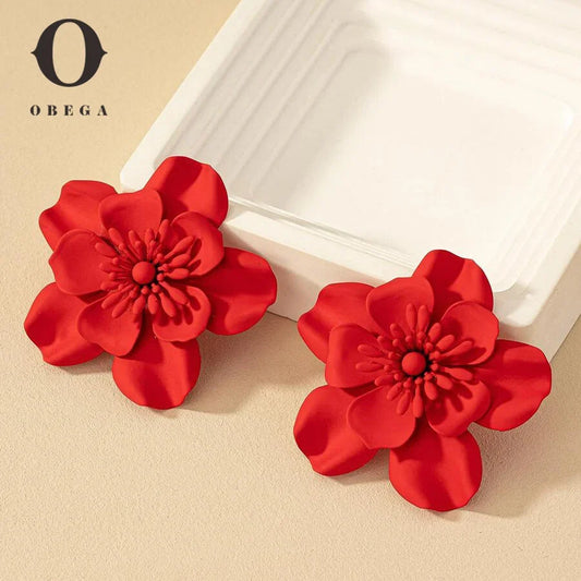 Obega Red Flower Stud Earrings