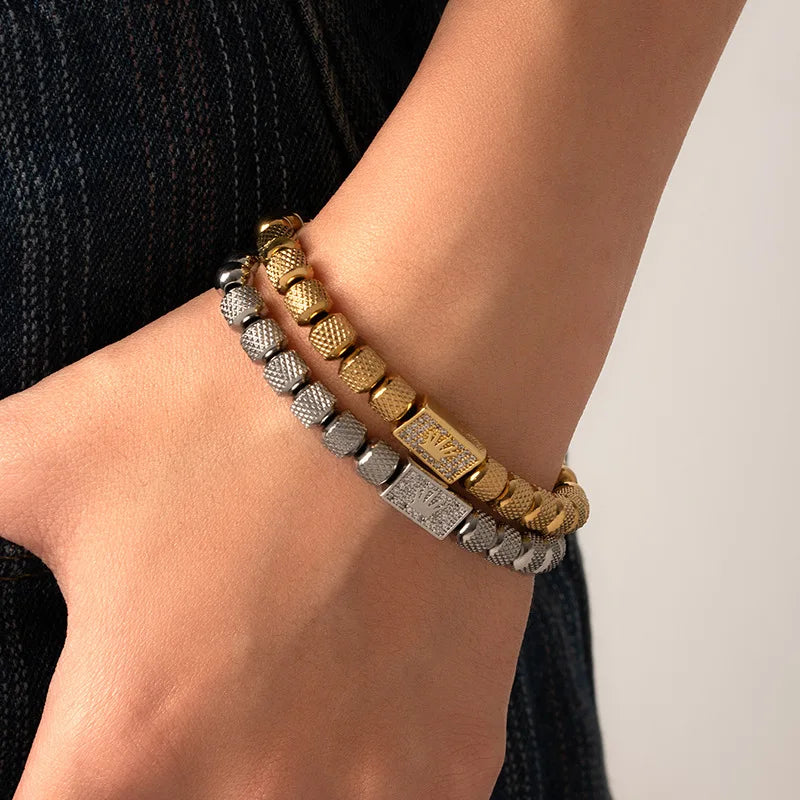 Stainless Steel Bracelet – Pineapple Bead Crown with Zircon Weaving
