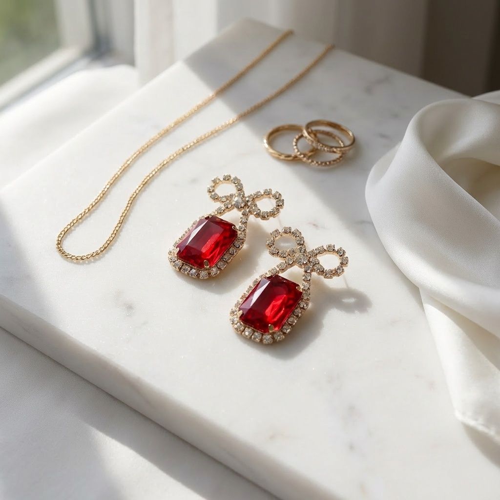 Bow Dangle Earrings Red Crystal Sparkle Date Night Statement Jewelry