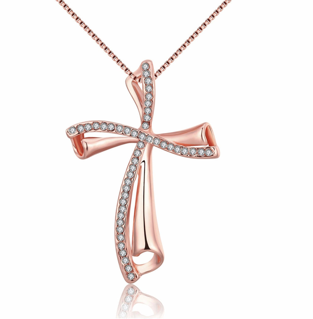 Infinity Swirl Cross Necklace Inset Rhinestones