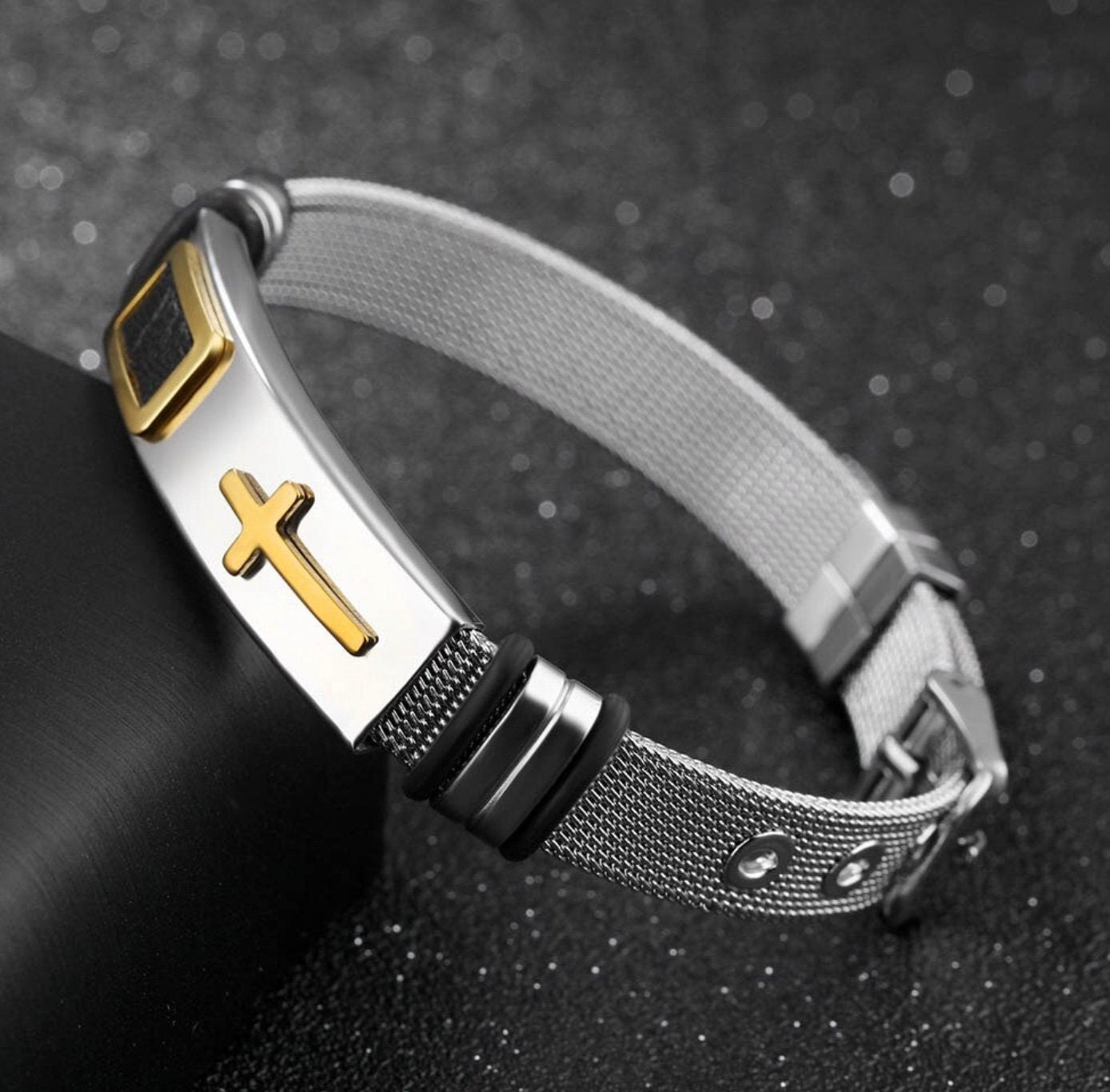 Silver mesh cross bracelet