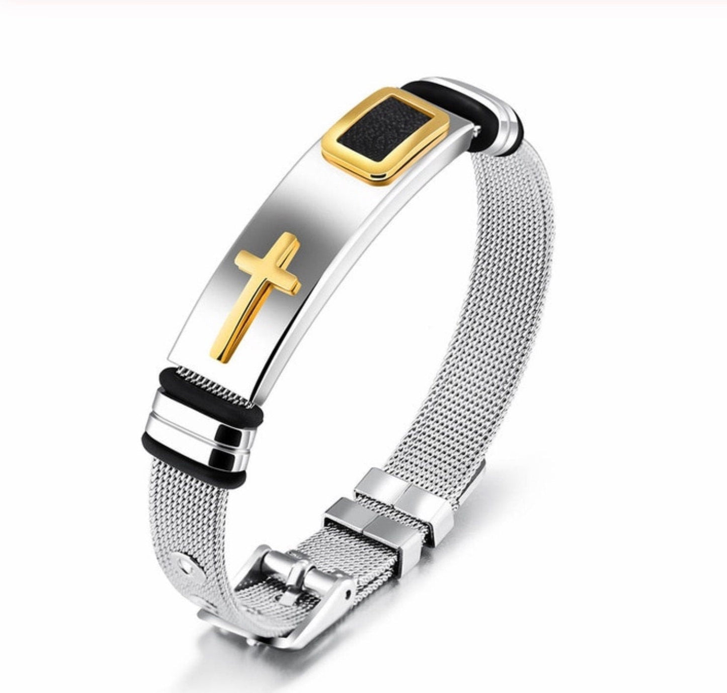 Silver mesh cross bracelet