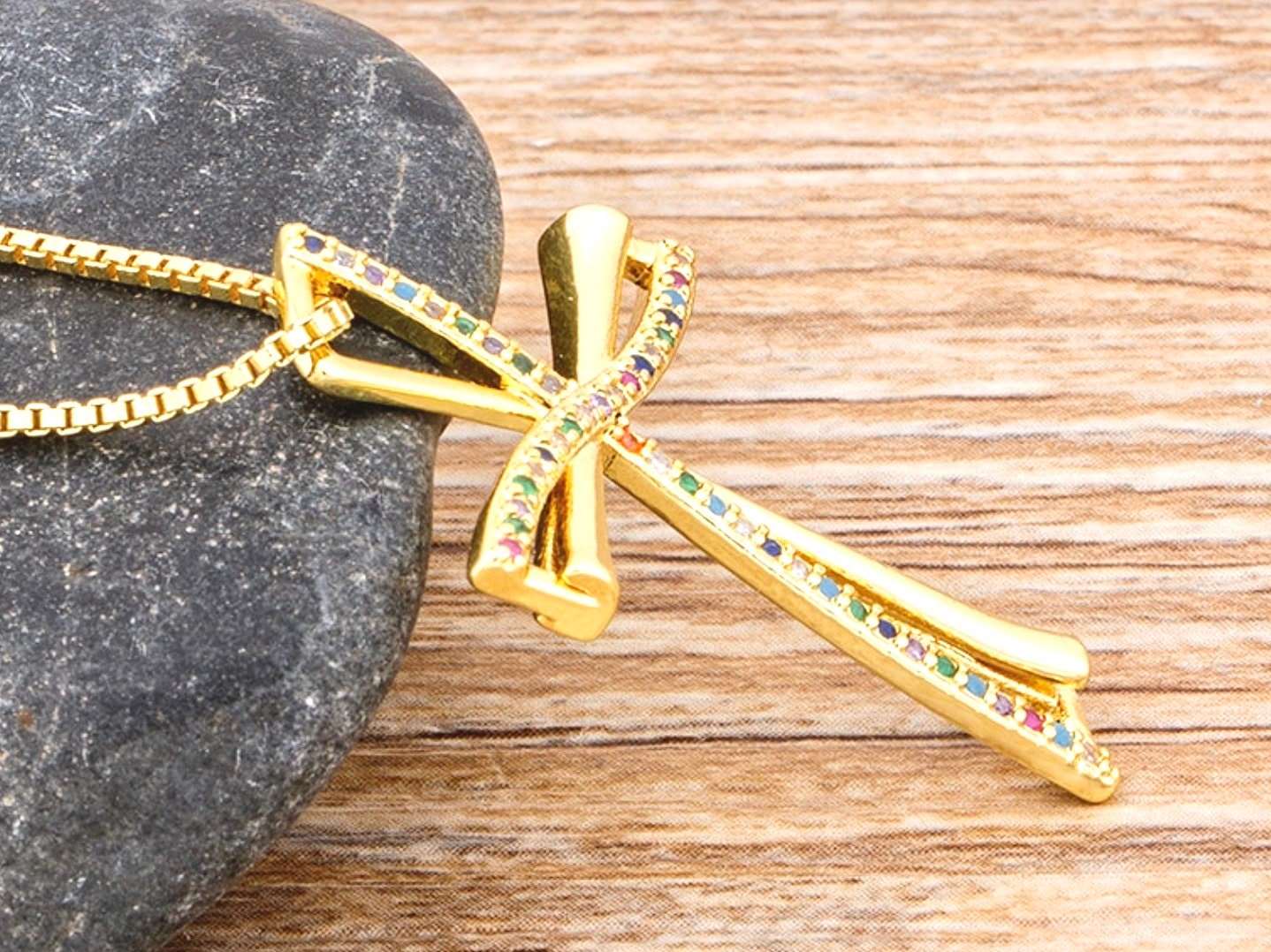 Infinity Swirl Cross Necklace Inset Rhinestones