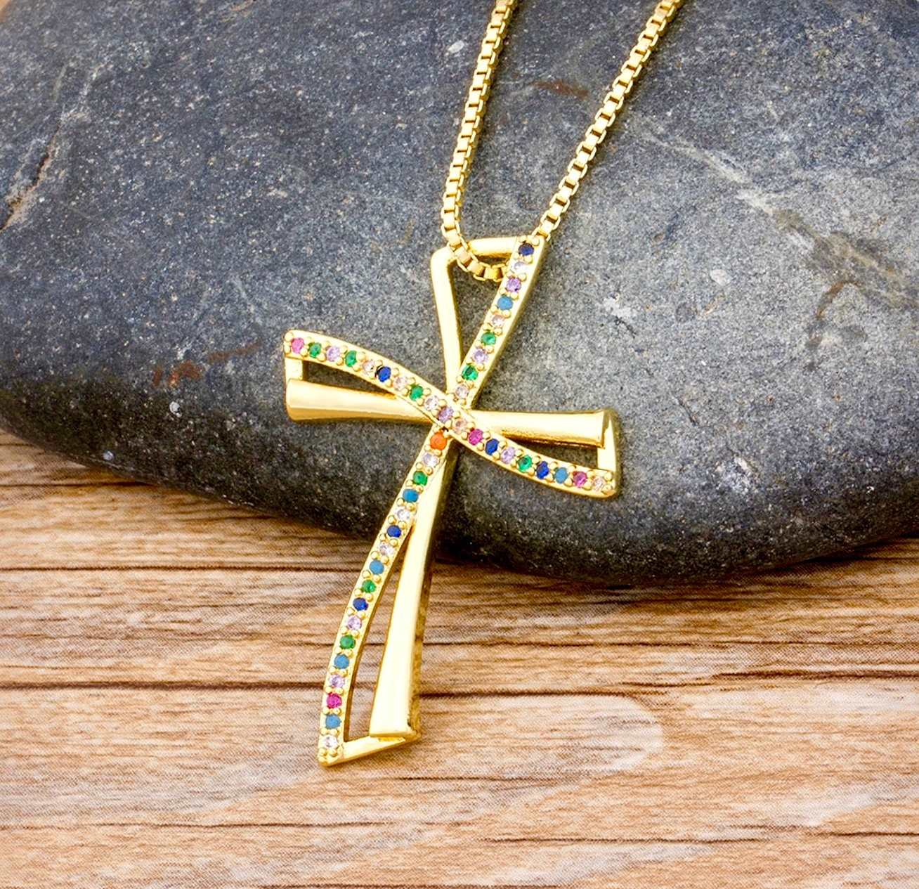 Infinity Swirl Cross Necklace Inset Rhinestones