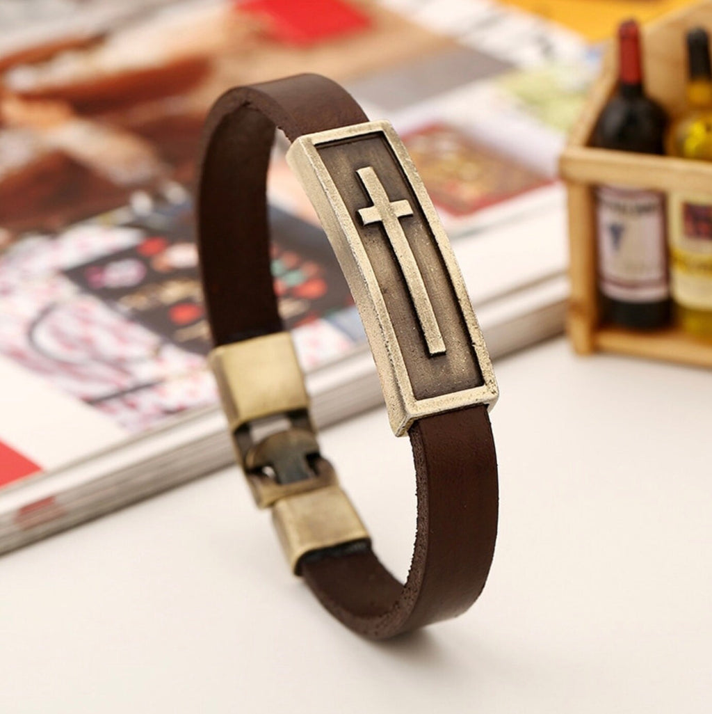 Brass Leather Cross Bracelet