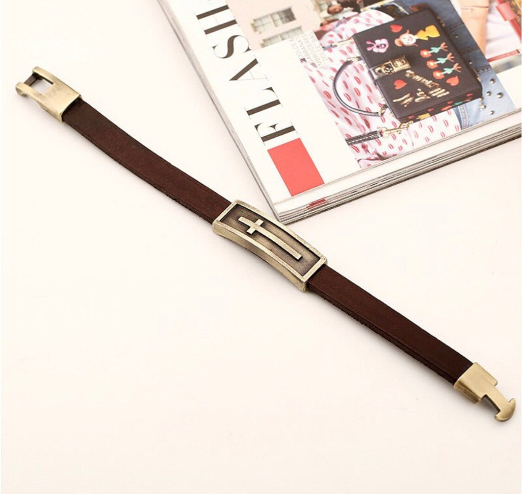 Brass Leather Cross Bracelet