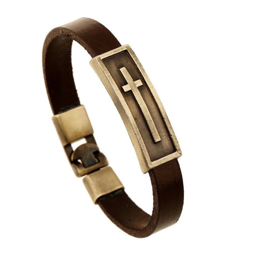 Brass Leather Cross Bracelet