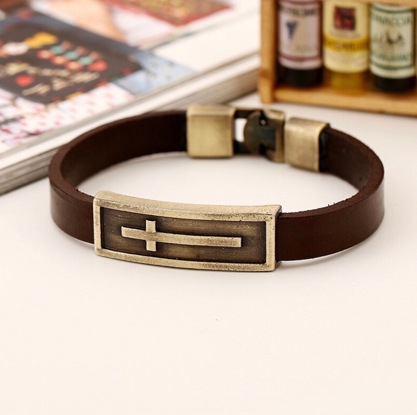 Brass Leather Cross Bracelet
