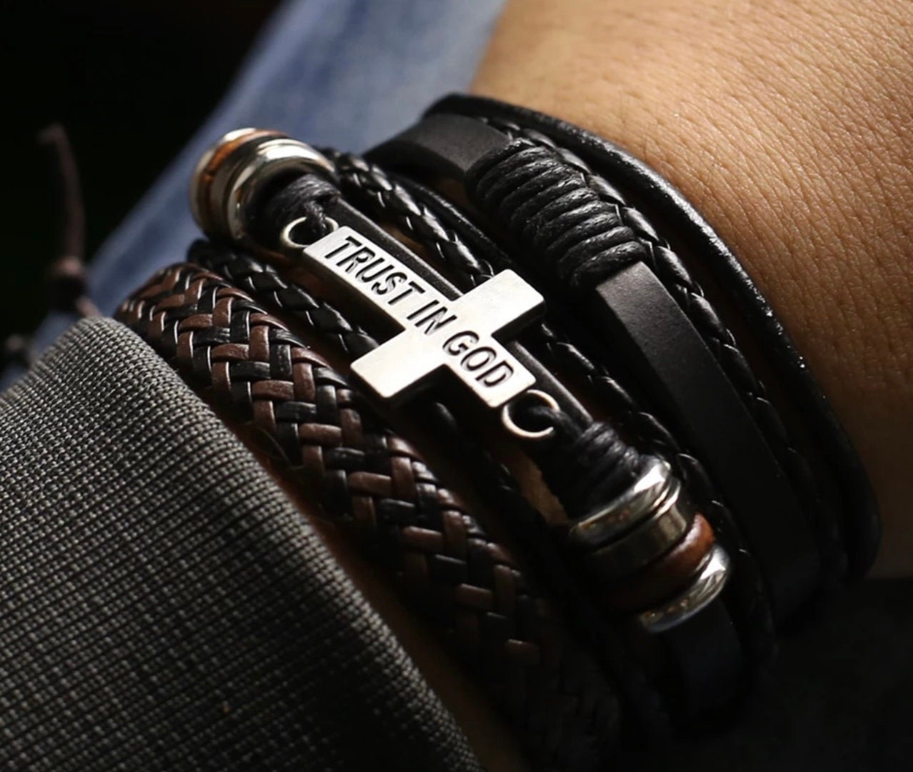 Trust In God Bracelet Leather 3 Wrap Cross Bangle