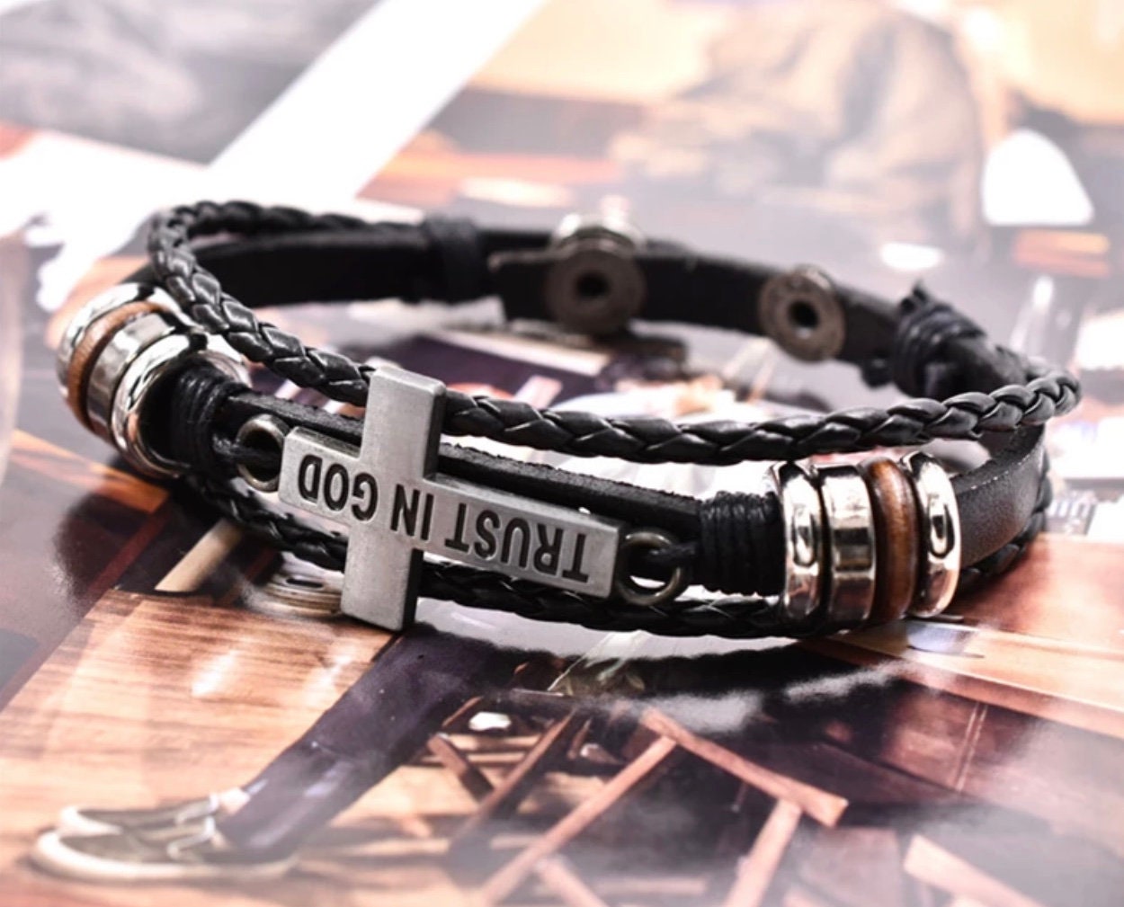 Trust In God Bracelet Leather 3 Wrap Cross Bangle
