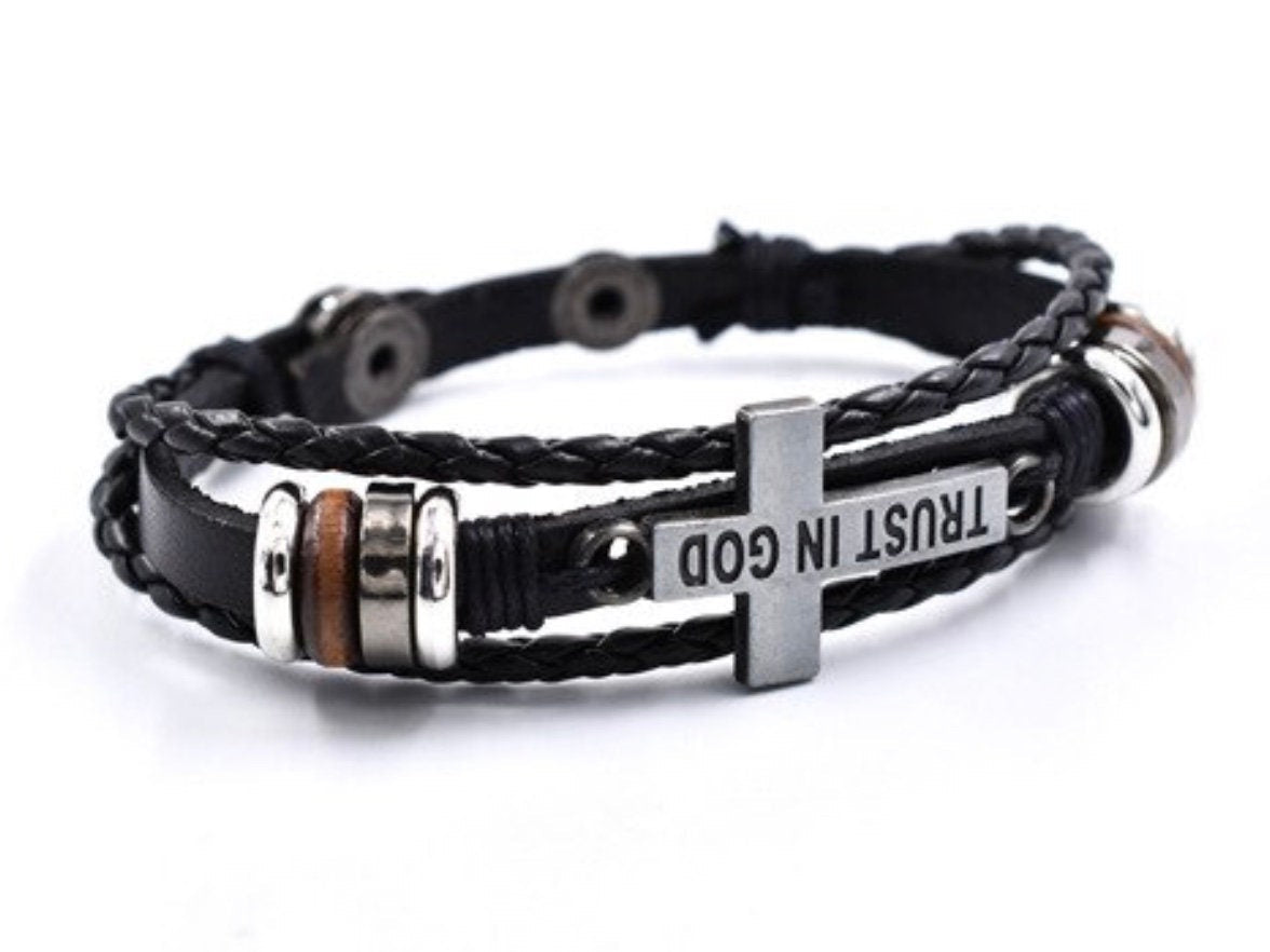 Trust In God Bracelet Leather 3 Wrap Cross Bangle