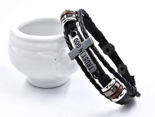 Trust In God Bracelet Leather 3 Wrap Cross Bangle