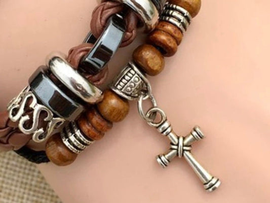 Leather Cross 3 Wrap Bracelet