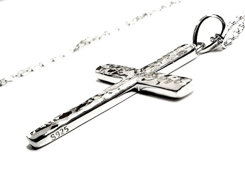 Solid hammered sterling silver cross necklace