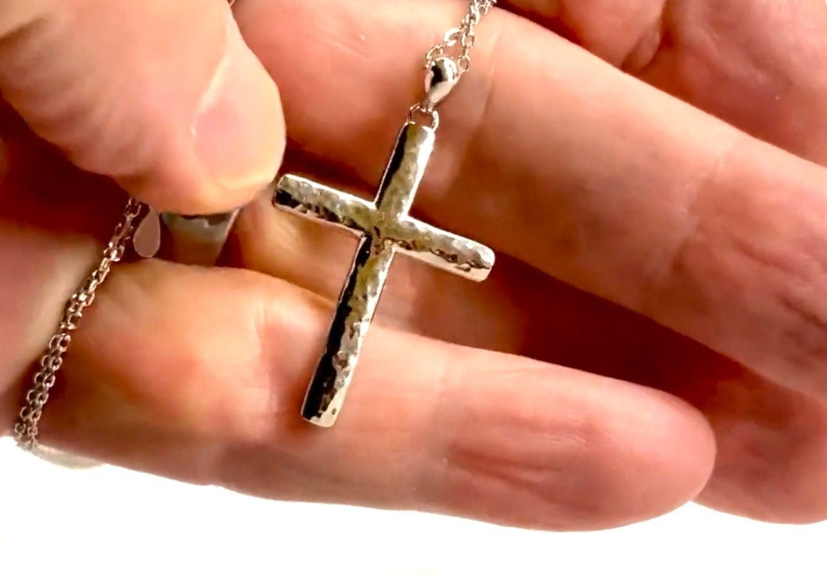 Solid hammered sterling silver cross necklace